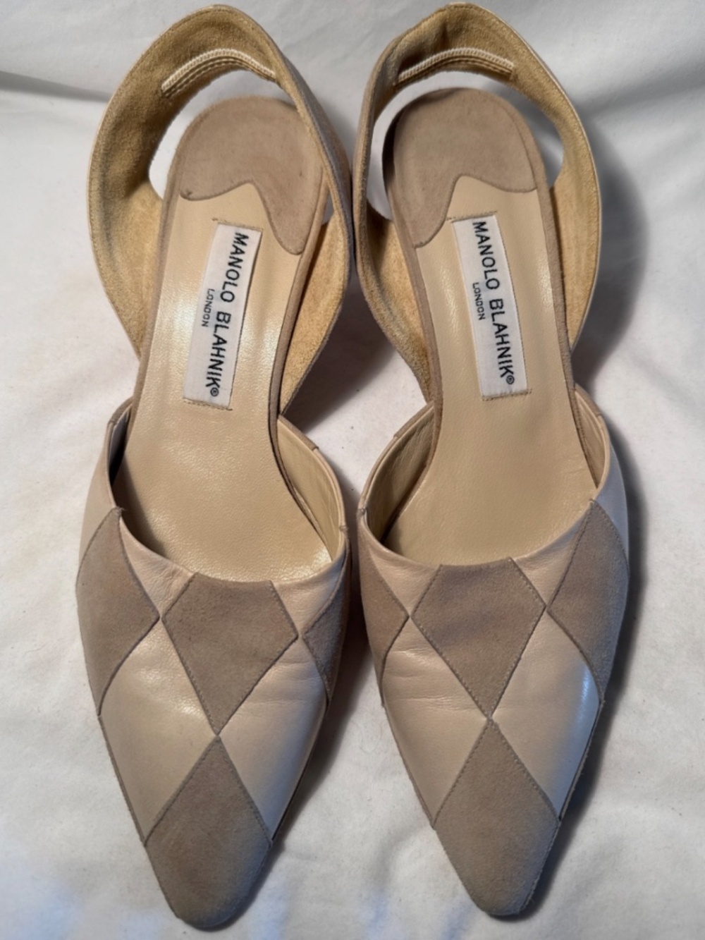 Vintage Manolo Blahnik Beige Leather and Suede Patchwork Slingback Heels Size 38